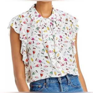 Alice + Olivia Robbie Wine Print Ruffled Silk Blouse Top (Weekend Toast) XS / TP